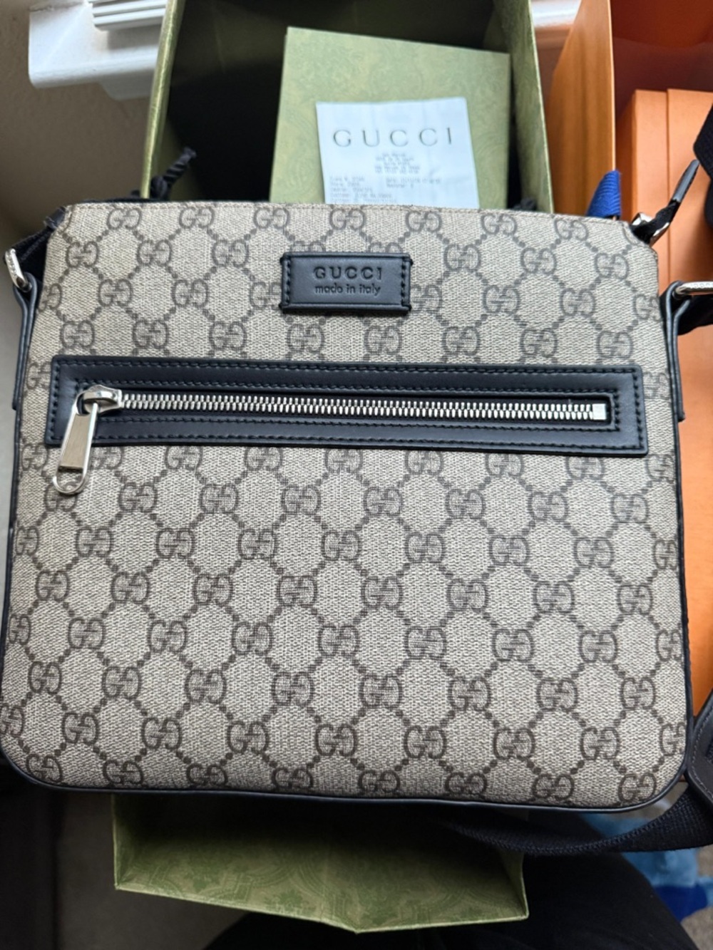 Gucci Beige GG Supreme Messenger Bag with Black Trim